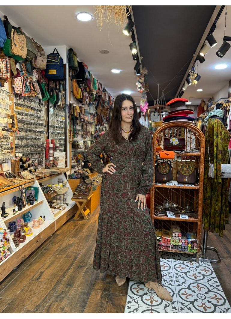 V Yaka Gipe Detaylı Volanlı Haki Kışlık Elbise