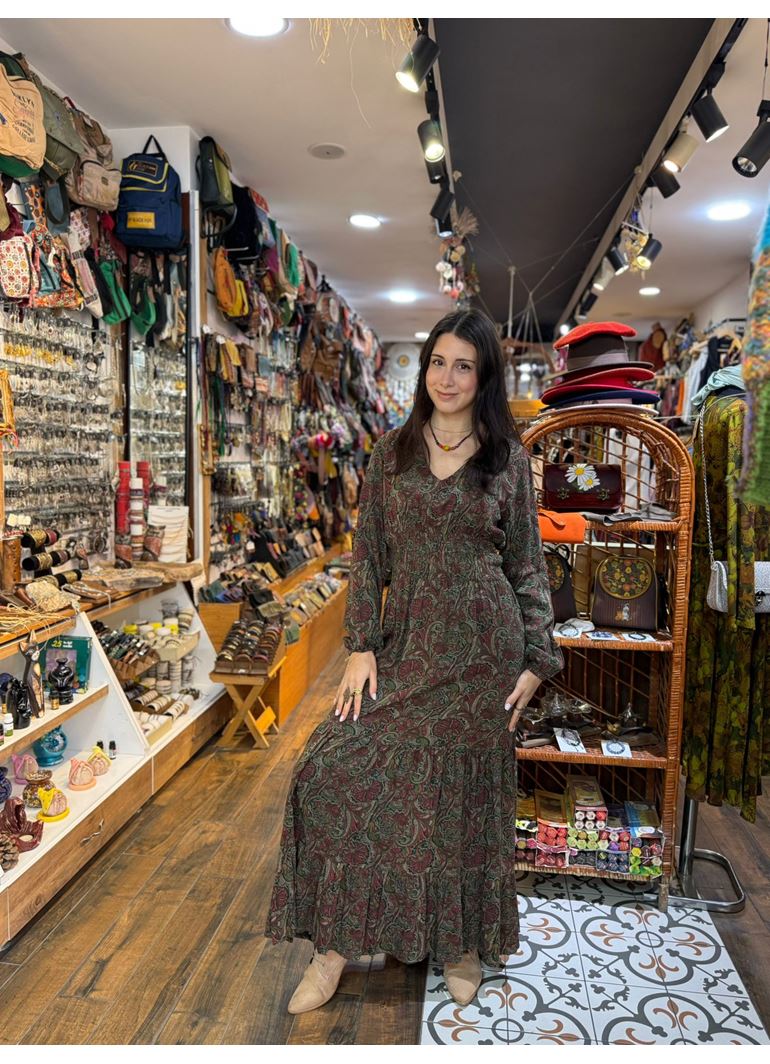 V Yaka Gipe Detaylı Volanlı Haki Kışlık Elbise