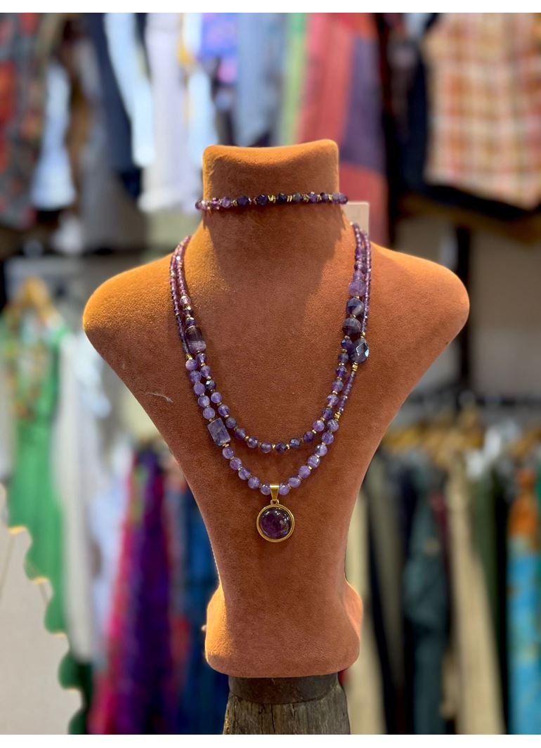 Doğal Taş Kolye Bileklik Set Ametist