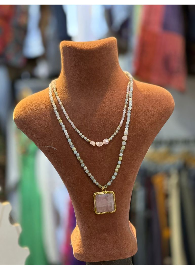 Doğal Taş Kolye Set Pembe Kuvars