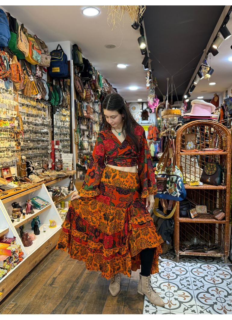 Çiçekli Hint Takım Turuncu