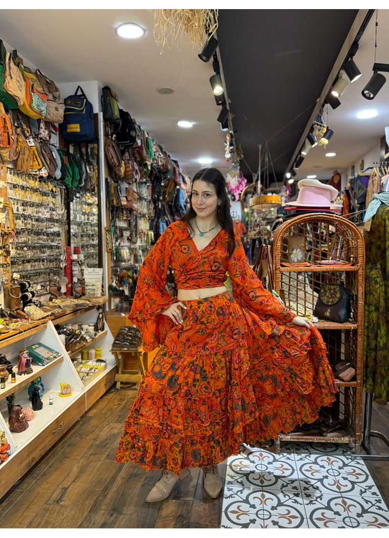 Çiçekli Hint Takım Turuncu