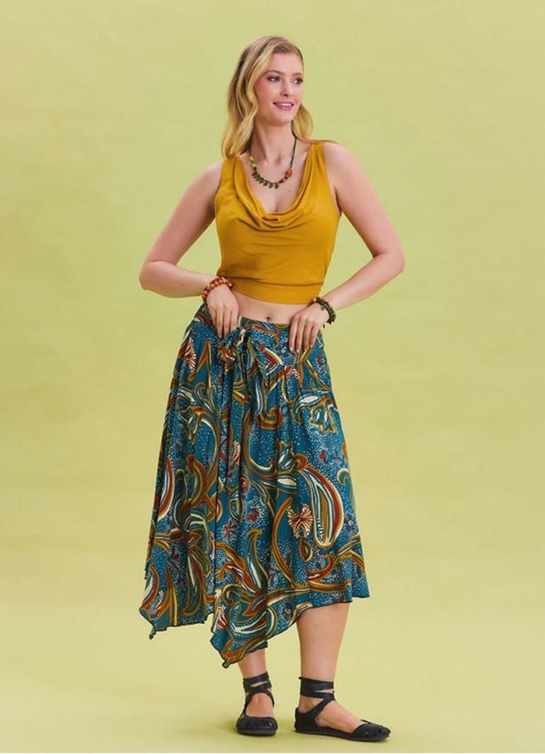 Gipe Detaylı Beli Bağlamalı Petrol Midi Etek