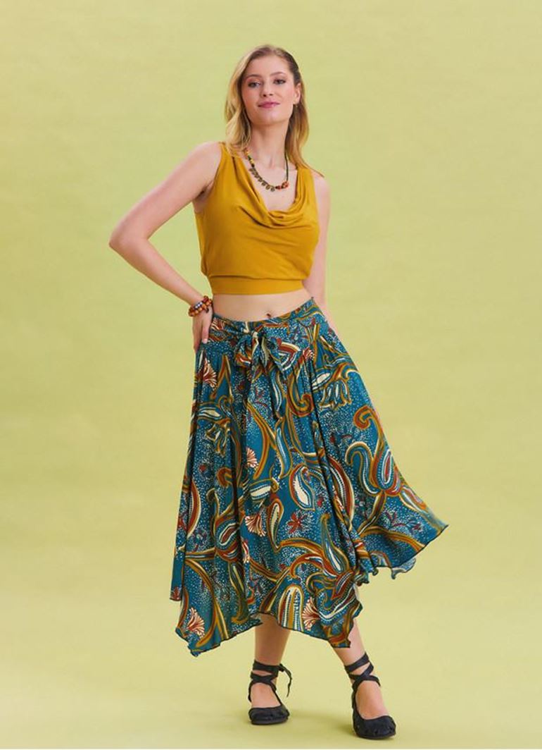 Gipe Detaylı Beli Bağlamalı Petrol Midi Etek