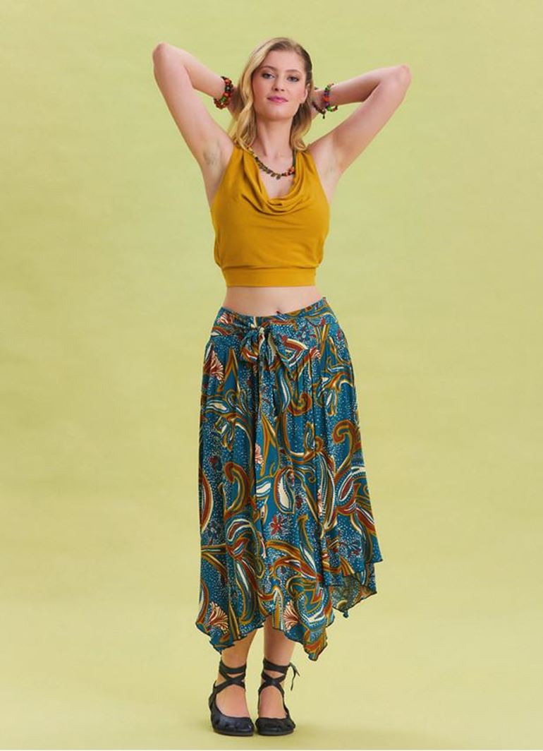 Gipe Detaylı Beli Bağlamalı Petrol Midi Etek