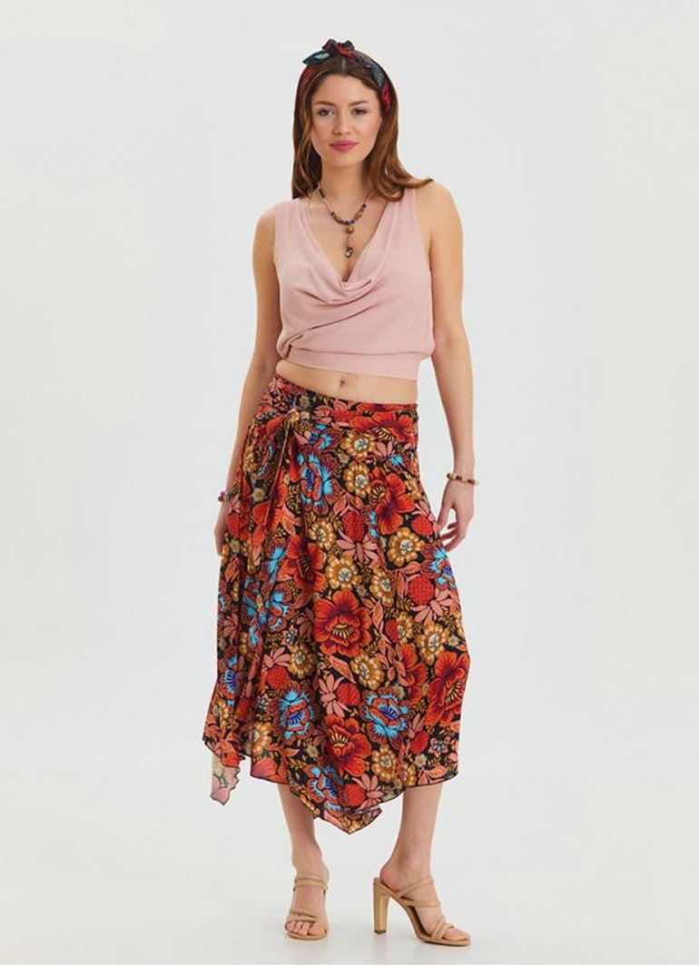 Gipe Detaylı Beli Bağlamalı Siyah Desenli Basma Etek