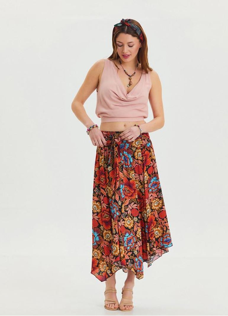 Gipe Detaylı Beli Bağlamalı Siyah Desenli Basma Etek