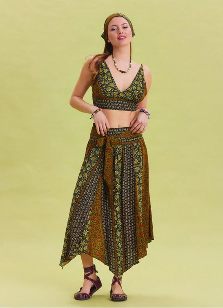 Gipe Detaylı Beli Bağlamalı Yeşil Desenli Asimetrik Etek