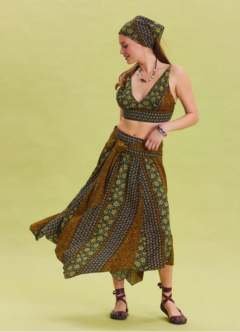 Gipe Detaylı Beli Bağlamalı Yeşil Desenli Asimetrik Etek