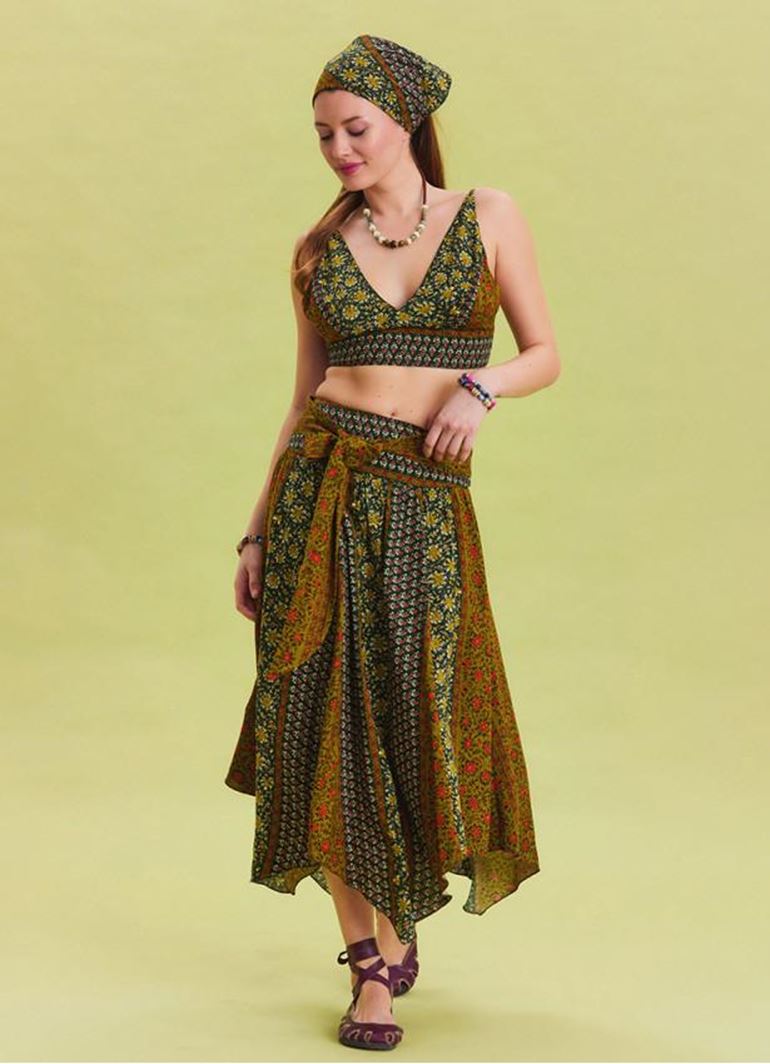 Gipe Detaylı Beli Bağlamalı Yeşil Desenli Asimetrik Etek