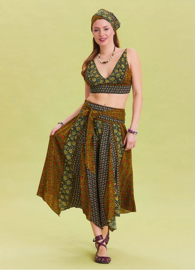 Gipe Detaylı Beli Bağlamalı Yeşil Desenli Asimetrik Etek