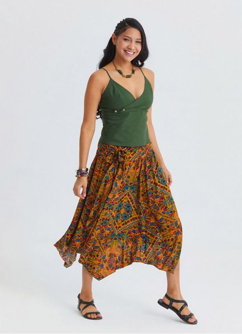 Gipe Detaylı Beli Bağlamalı Hardal Çiçekli Etek