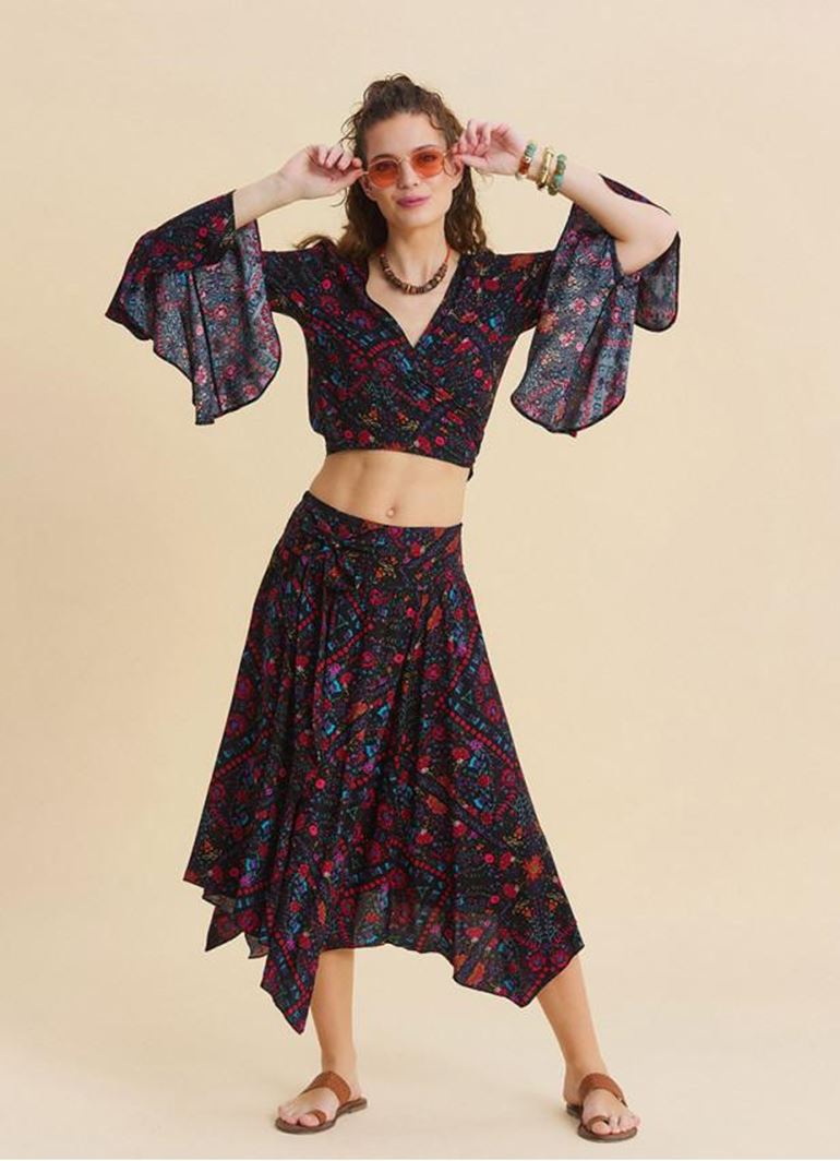 Gipe Detaylı Beli Bağlamalı Siyah Çiçekli Etek