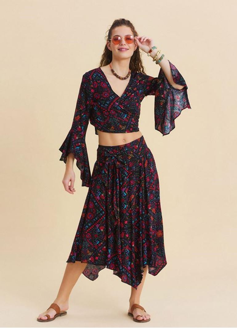 Gipe Detaylı Beli Bağlamalı Siyah Çiçekli Etek