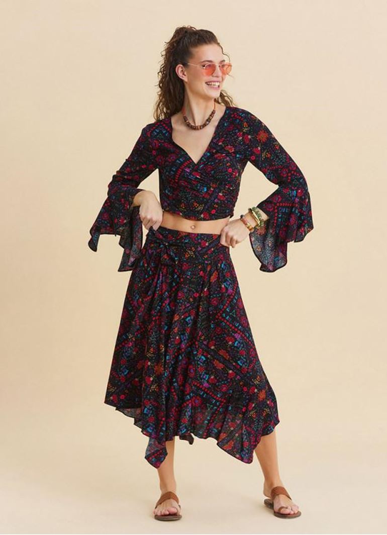 Gipe Detaylı Beli Bağlamalı Siyah Çiçekli Etek