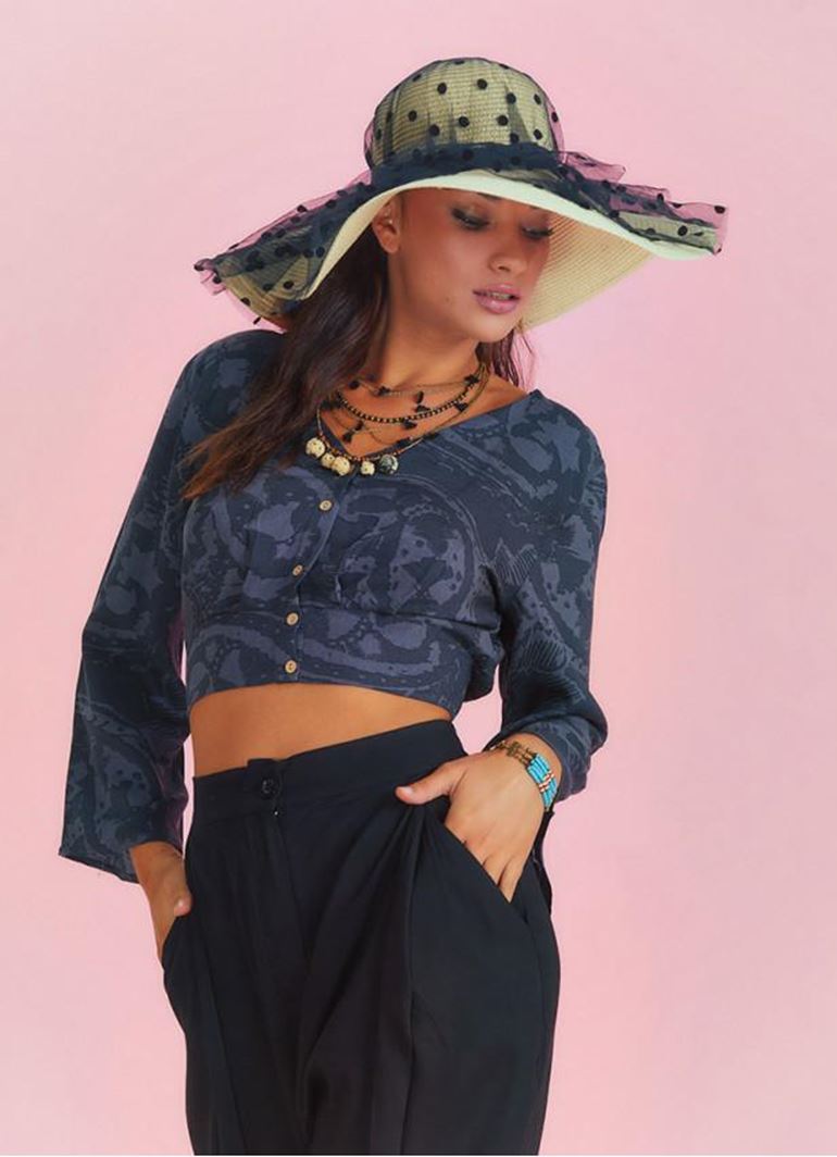 Arkası Büzgülü Uzun Kollu Gri Desenli Bohem Bluz