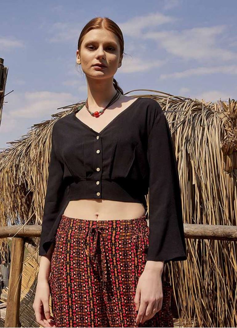 Arkası Büzgülü Uzun Kollu Siyah Bohem Bluz