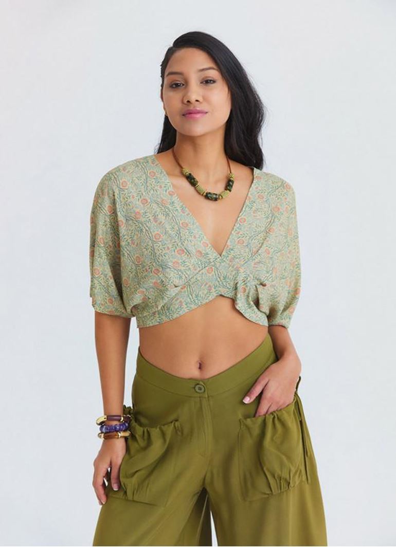 Kruvaze Yaka Sırt Dekolteli Dökümlü Sarı Çiçekli Bluz