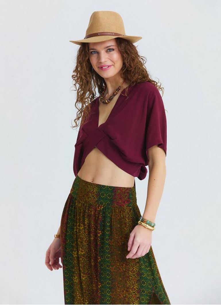 Kruvaze Yaka Sırt Dekolteli Dökümlü Bordo Yazlık Bluz