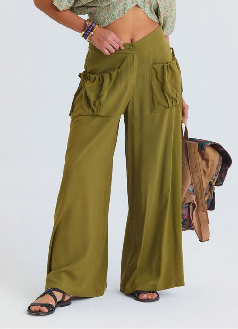 Bol Kesim Cep Detaylı Yeşil Kadın Salaş Pantolon