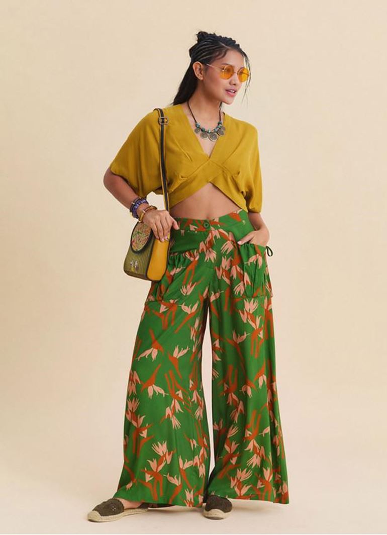 Bol Kesim Cep Detaylı Yeşil Kadın Otantik Pantolon