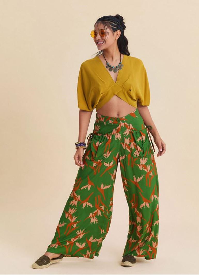 Bol Kesim Cep Detaylı Yeşil Kadın Otantik Pantolon