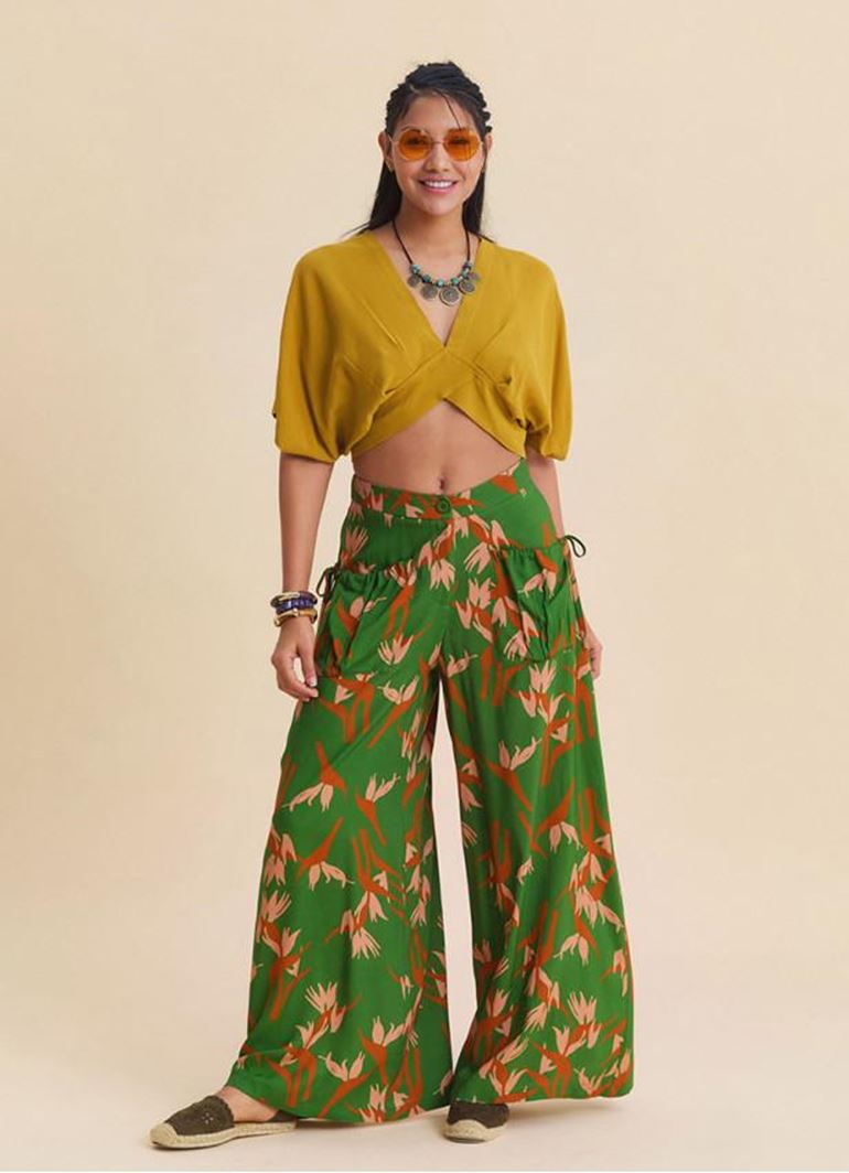 Bol Kesim Cep Detaylı Yeşil Kadın Otantik Pantolon