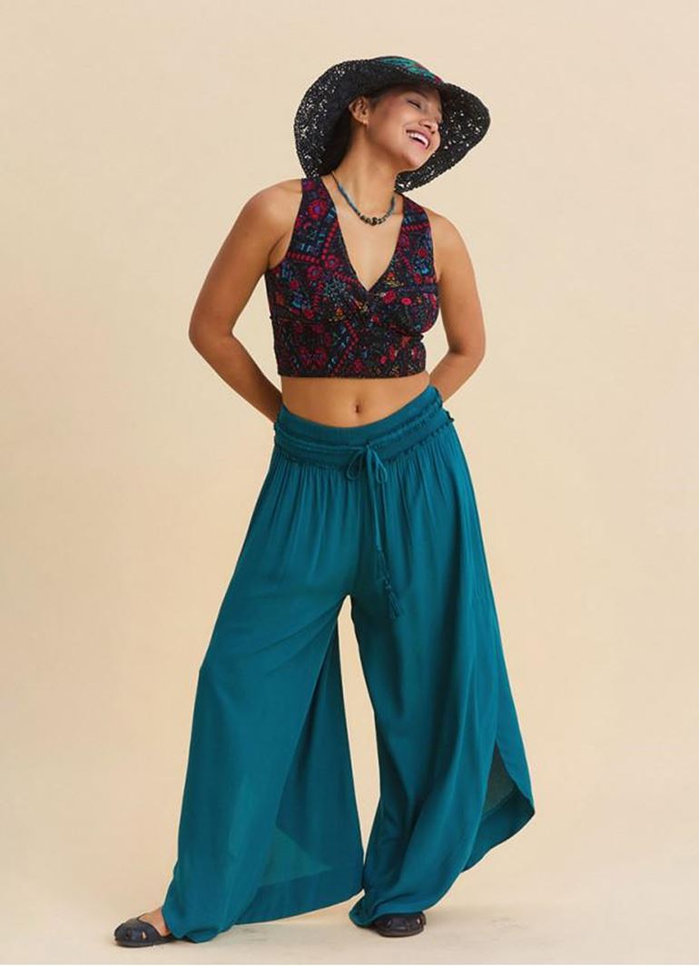 Beli Lastikli Yandan Yırtmaçlı Petrol Kadın Yazlık Pantolon