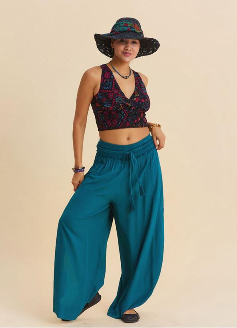 Beli Lastikli Yandan Yırtmaçlı Petrol Kadın Yazlık Pantolon