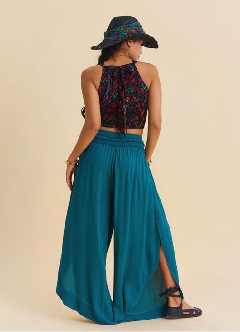 Beli Lastikli Yandan Yırtmaçlı Petrol Kadın Yazlık Pantolon