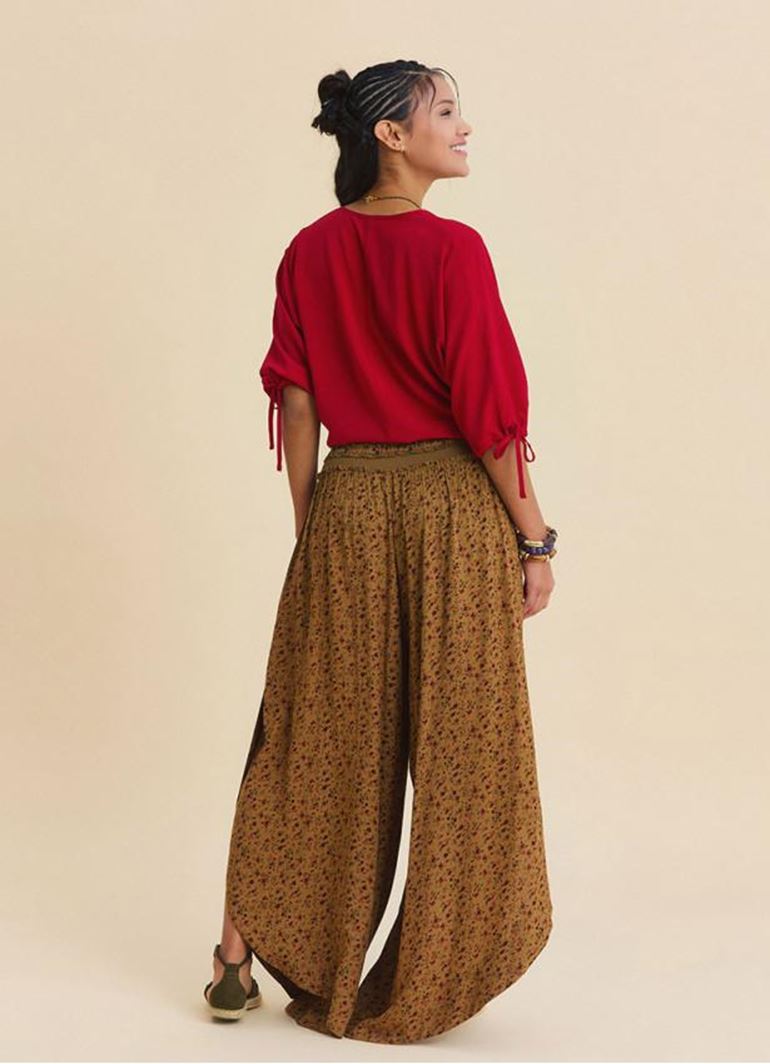 Bağcıklı Detaylı Yandan Yırtmaçlı Hardal Kadın Etnik Pantolon