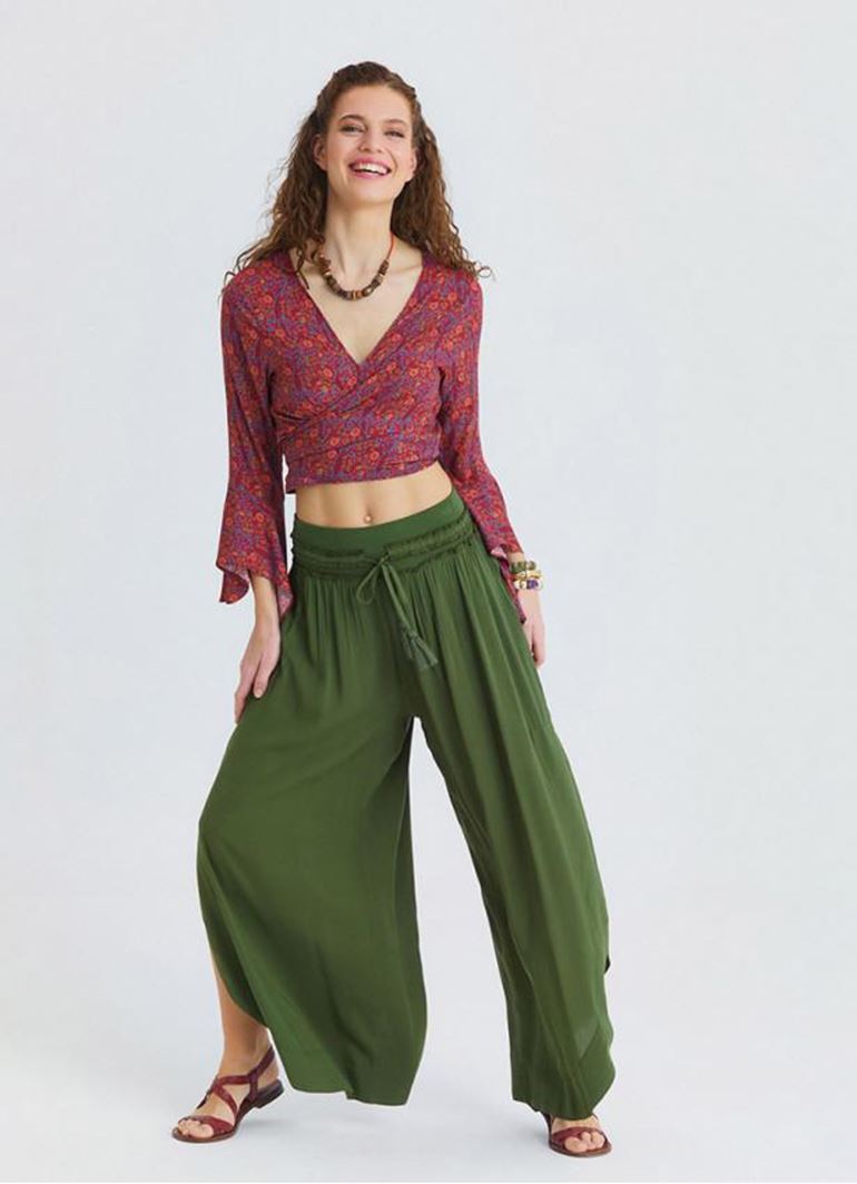 Beli Lastikli Yandan Yırtmaçlı Haki Kadın Yazlık Pantolon