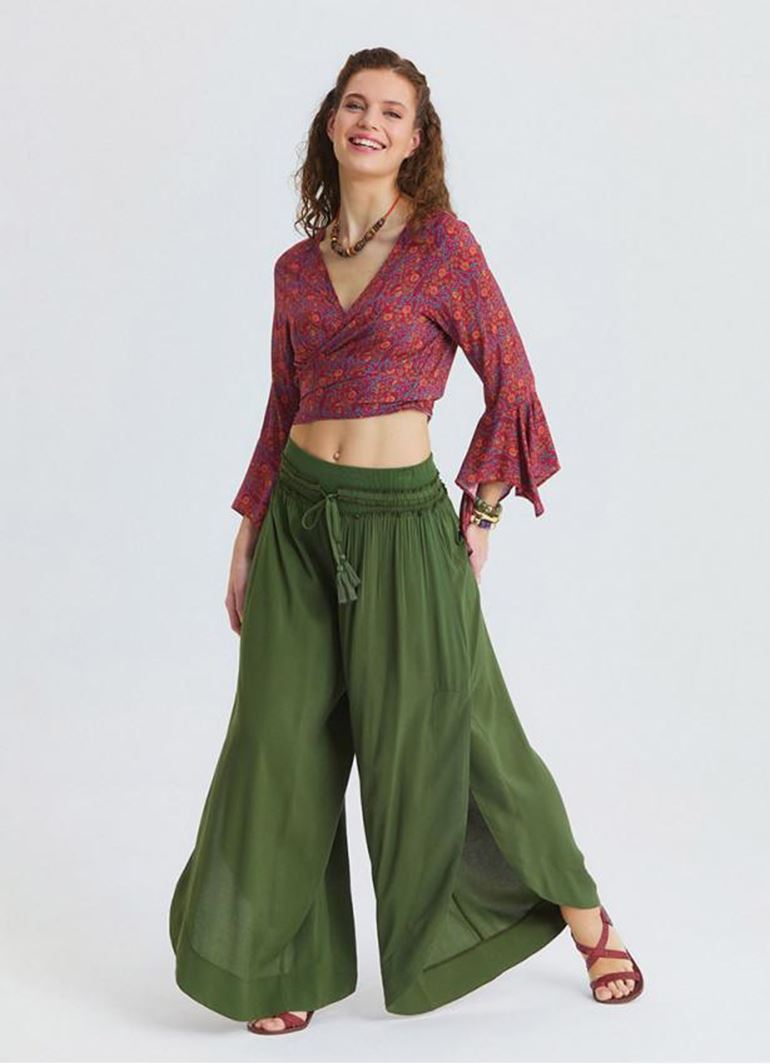 Beli Lastikli Yandan Yırtmaçlı Haki Kadın Yazlık Pantolon