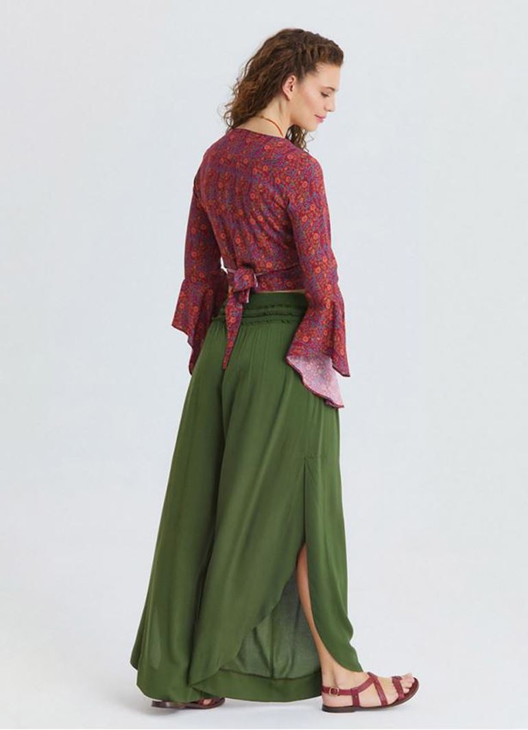 Beli Lastikli Yandan Yırtmaçlı Haki Kadın Yazlık Pantolon