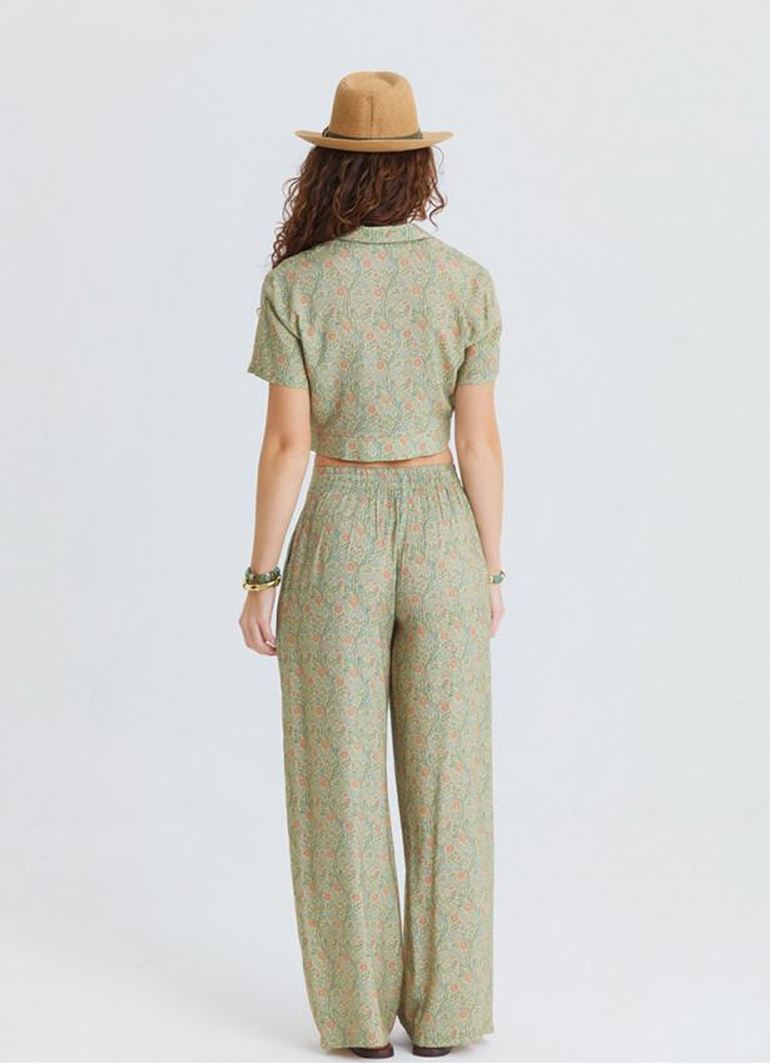 Normal Bel Düğmeli Sarı Çiçekli Kadın Otantik Pantolon