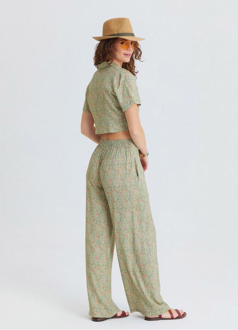 Normal Bel Düğmeli Sarı Çiçekli Kadın Otantik Pantolon