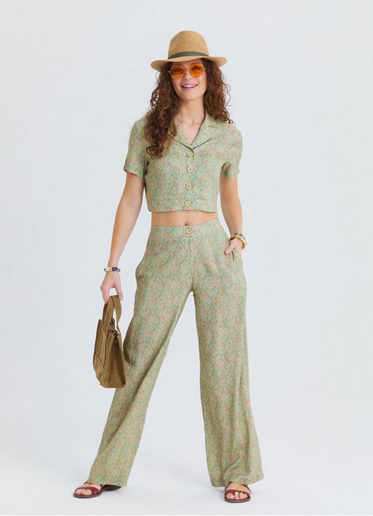 Normal Bel Düğmeli Sarı Çiçekli Kadın Otantik Pantolon