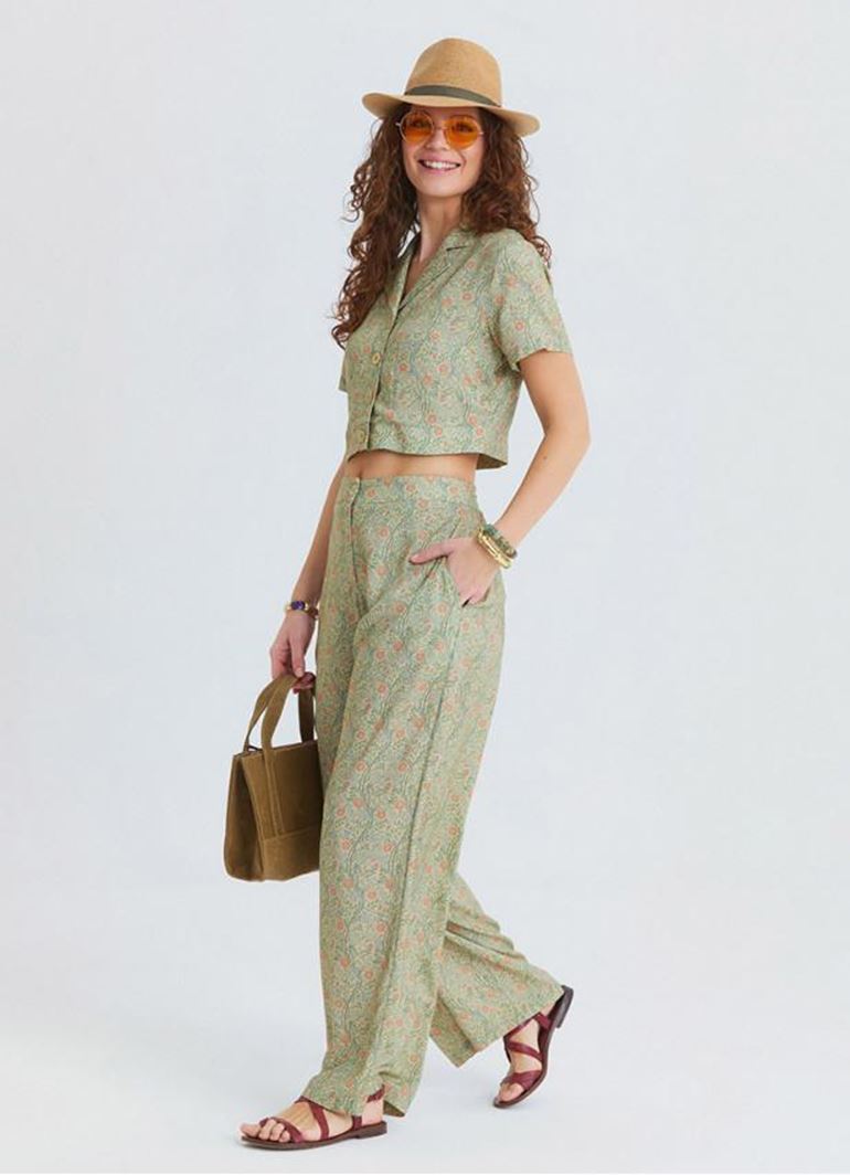 Normal Bel Düğmeli Sarı Çiçekli Kadın Otantik Pantolon