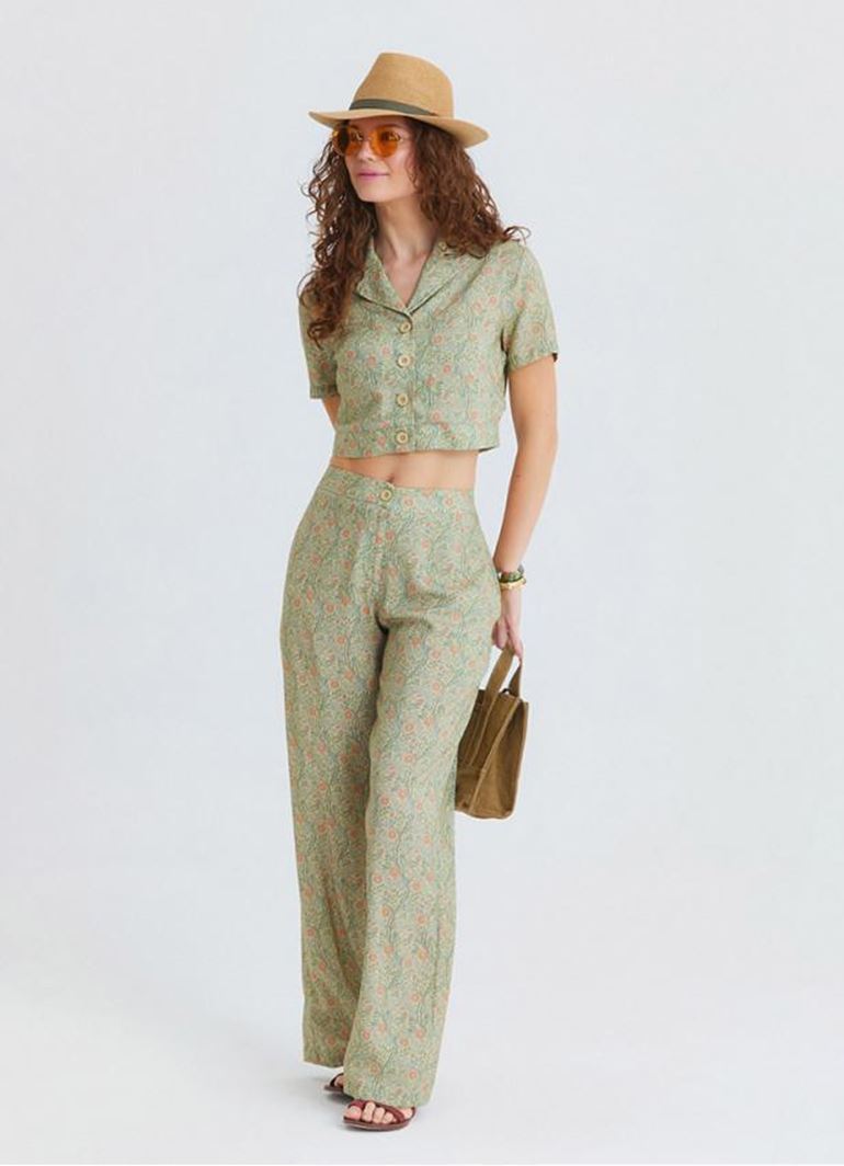 Normal Bel Düğmeli Sarı Çiçekli Kadın Otantik Pantolon