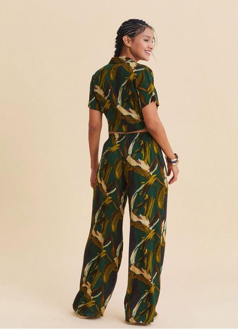 Normal Bel Düğmeli Haki Kadın Palazzo Pantolon