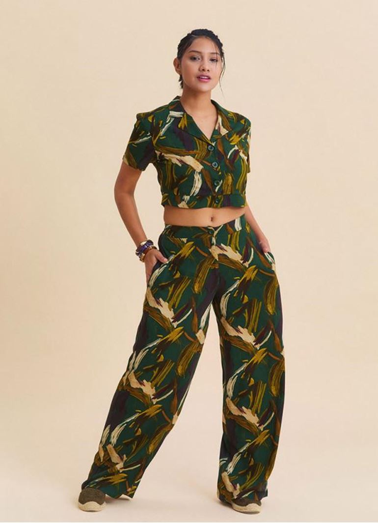 Normal Bel Düğmeli Haki Kadın Palazzo Pantolon