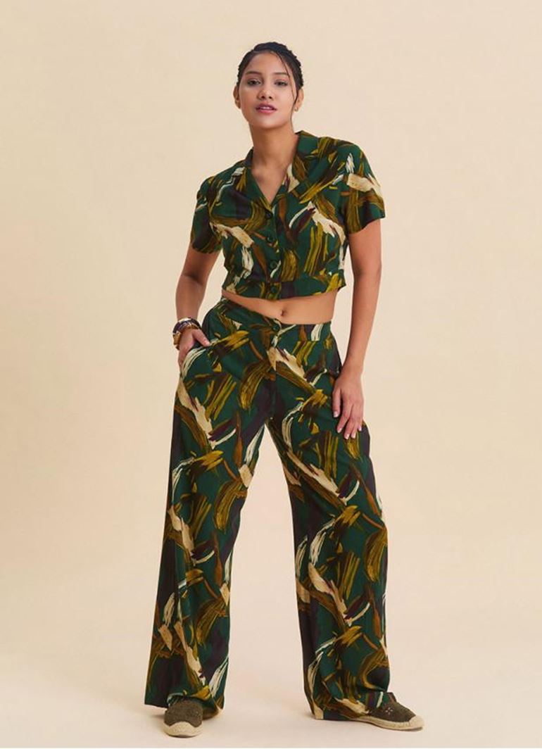 Normal Bel Düğmeli Haki Kadın Palazzo Pantolon