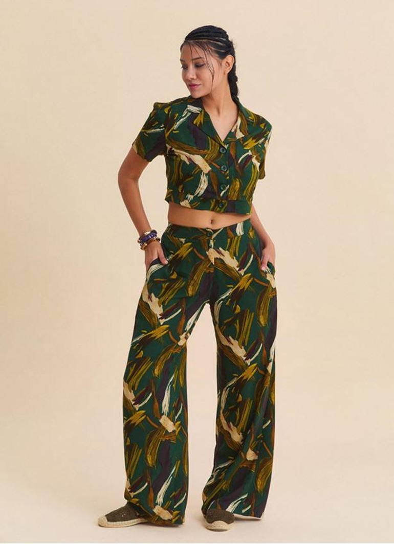 Normal Bel Düğmeli Haki Kadın Palazzo Pantolon