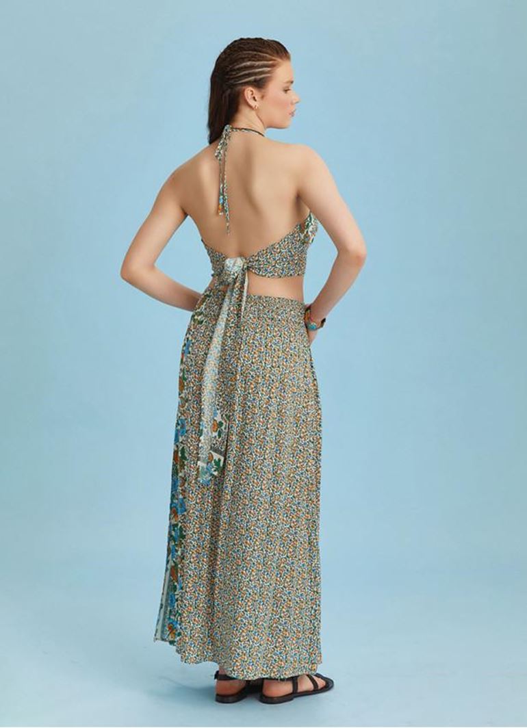 Çiçek Desenli Arka Bel Lastikli Derin Yırtmaçlı Etek 