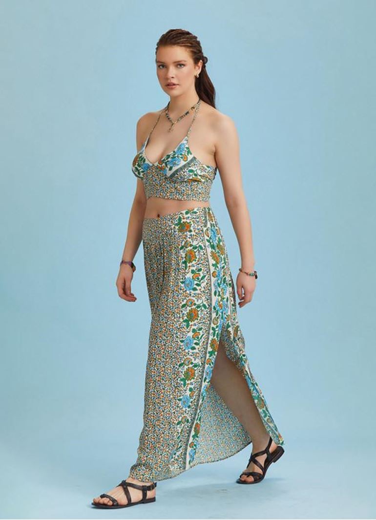 Çiçek Desenli Arka Bel Lastikli Derin Yırtmaçlı Etek 