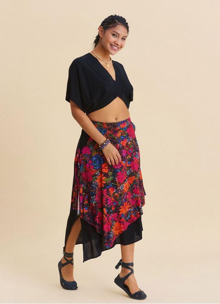 Beli Lastikli Çift Katlı Siyah Çiçekli Etek