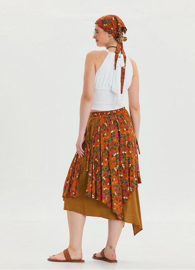 Bağlama Detaylı Beli Lastikli Hardal Bohem Etek