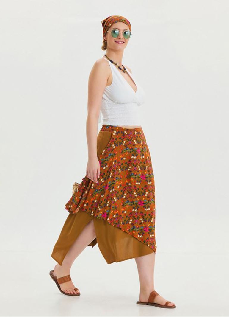 Bağlama Detaylı Beli Lastikli Hardal Bohem Etek
