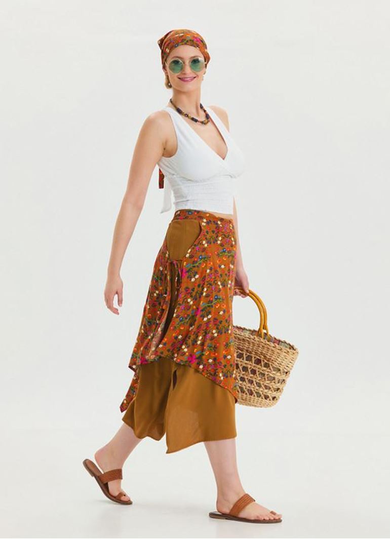 Bağlama Detaylı Beli Lastikli Hardal Bohem Etek