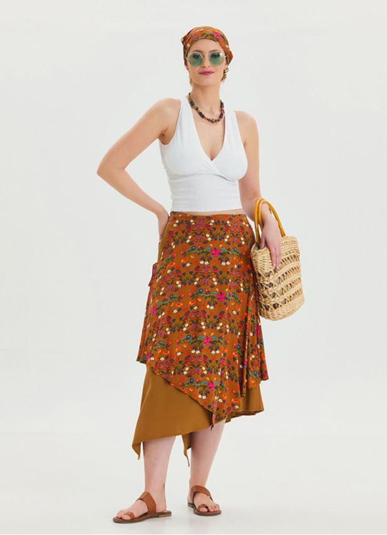 Bağlama Detaylı Beli Lastikli Hardal Bohem Etek